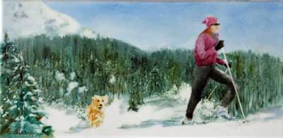 "Snowshoeing the Continental Divide" porcelain painting by porcelain and jewelry artist, Bonny A.Eberly