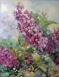 Painting ("That Overgrown Lilac Bush") on porcelain tile by jewelry and porcelain artist, Bonny Eberly